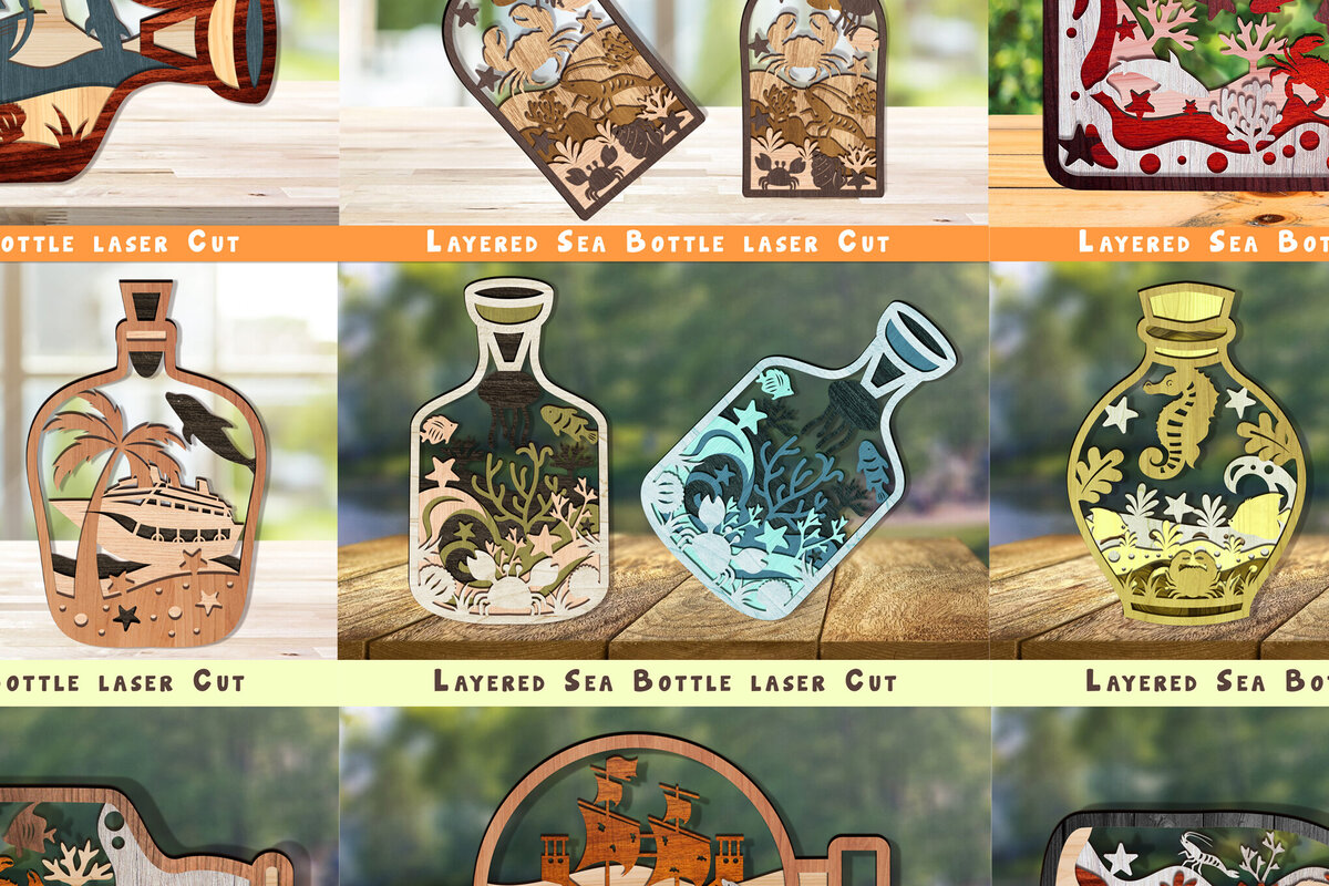 Σετ των 2 Intra απο ξύλο plywood 3mm-4mm πάχος – ΠακέτοBottle Sea Δίασταση  20x20 cm INTRAFABR-111847666