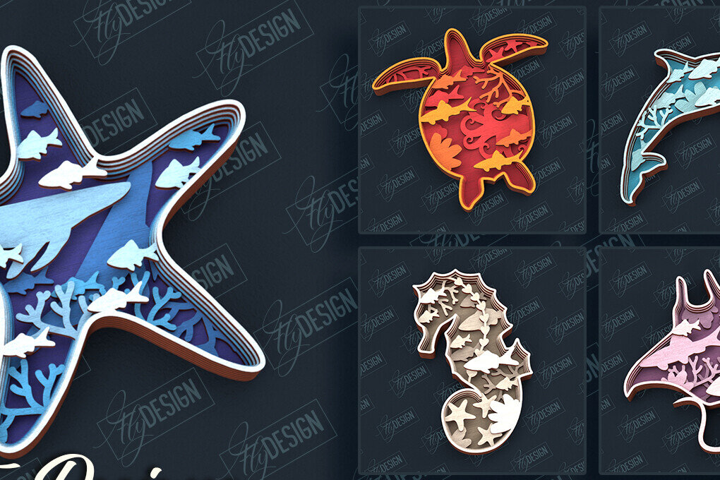 Σετ των 2 Intra απο ξύλο plywood 3mm-4mm πάχος – Πακέτο κοπής με λέιζερ ζώων με στρώσεις θάλασσας Δίασταση  20x20 cm INTRAFABR-100937228