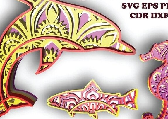 Σετ των 2 Intra απο ξύλο plywood 3mm-4mm πάχος – Θαλάσσια ζωή, Δελφίνι, ψάρι, Θαλάσσιο Άλογο Δίασταση  20x20 cm INTRAFABR-31269454