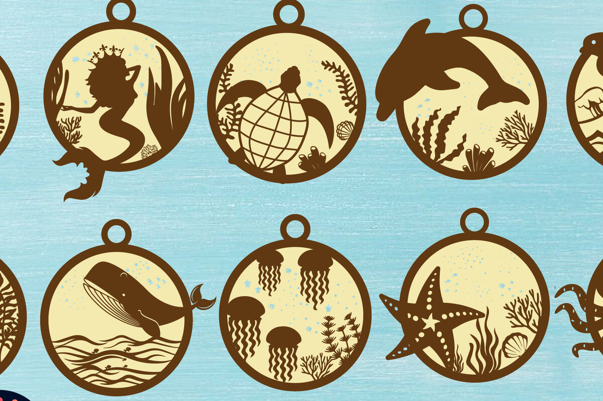 Σετ των 2 Intra απο ξύλο plywood 3mm-4mm πάχος – Αρχεία κοπής με λέιζερ Sea Life Ornament Δίασταση  20x20 cm INTRAFABR-69515282