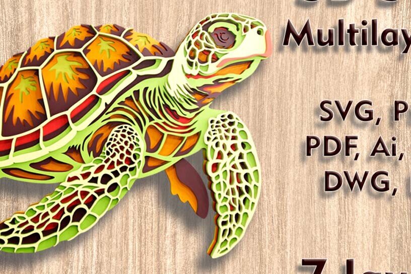 Σετ των 2 Intra απο ξύλο plywood 3mm-4mm πάχος – Αρχεία λέιζερ πολλαπλών επιπέδων 3D Sea Turtle Δίασταση  20x20 cm INTRAFABR-109079225