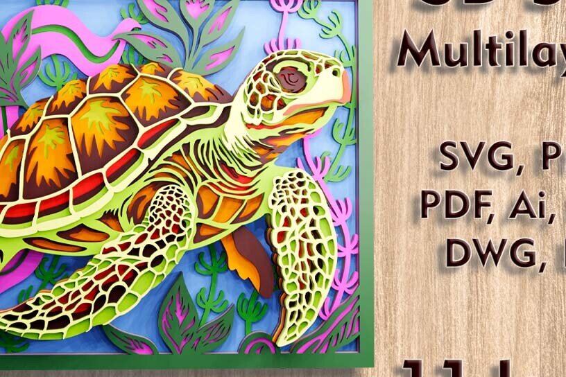 Σετ των 2 Intra απο ξύλο plywood 3mm-4mm πάχος – Αρχεία λέιζερ πολλαπλών επιπέδων Sea Turtle 3d Δίασταση  20x20 cm INTRAFABR-108827971