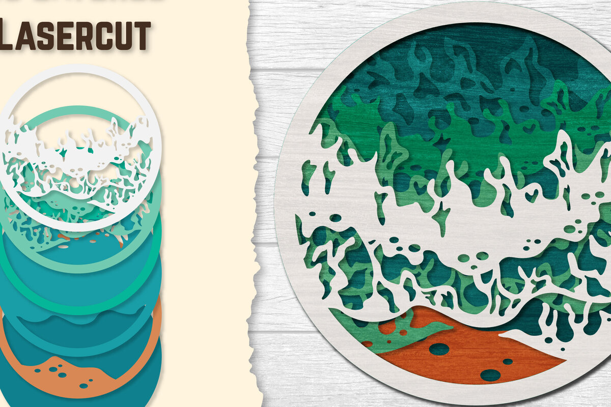 Σετ των 2 Intra απο ξύλο plywood 3mm-4mm πάχος – Sea Wave 3D Lasered Lasercut Δίασταση  20x20 cm INTRAFABR-122011175