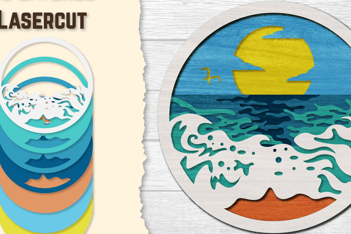 Σετ των 2 Intra απο ξύλο plywood 3mm-4mm πάχος – Sea Wave 3D Lasered Lasercut Δίασταση  20x20 cm INTRAFABR-122011162