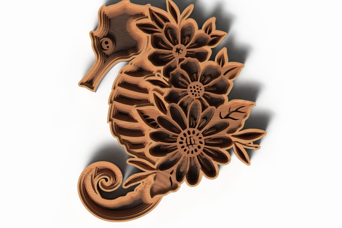 Intra απο ξύλο plywood 3mm-4mm πάχος – Seahorse Floral Design - 3D Δίασταση  40x30 cm INTRAFABR-119581573