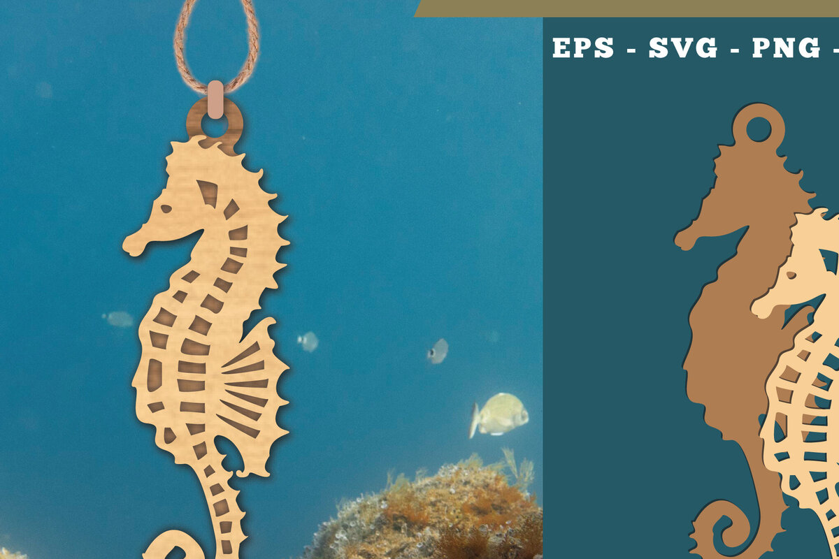 Σετ των 2 Intra απο ξύλο plywood 3mm-4mm πάχος – Στολίδι κοπής με λέιζερ Seahorse Δίασταση  20x20 cm INTRAFABR-112012817