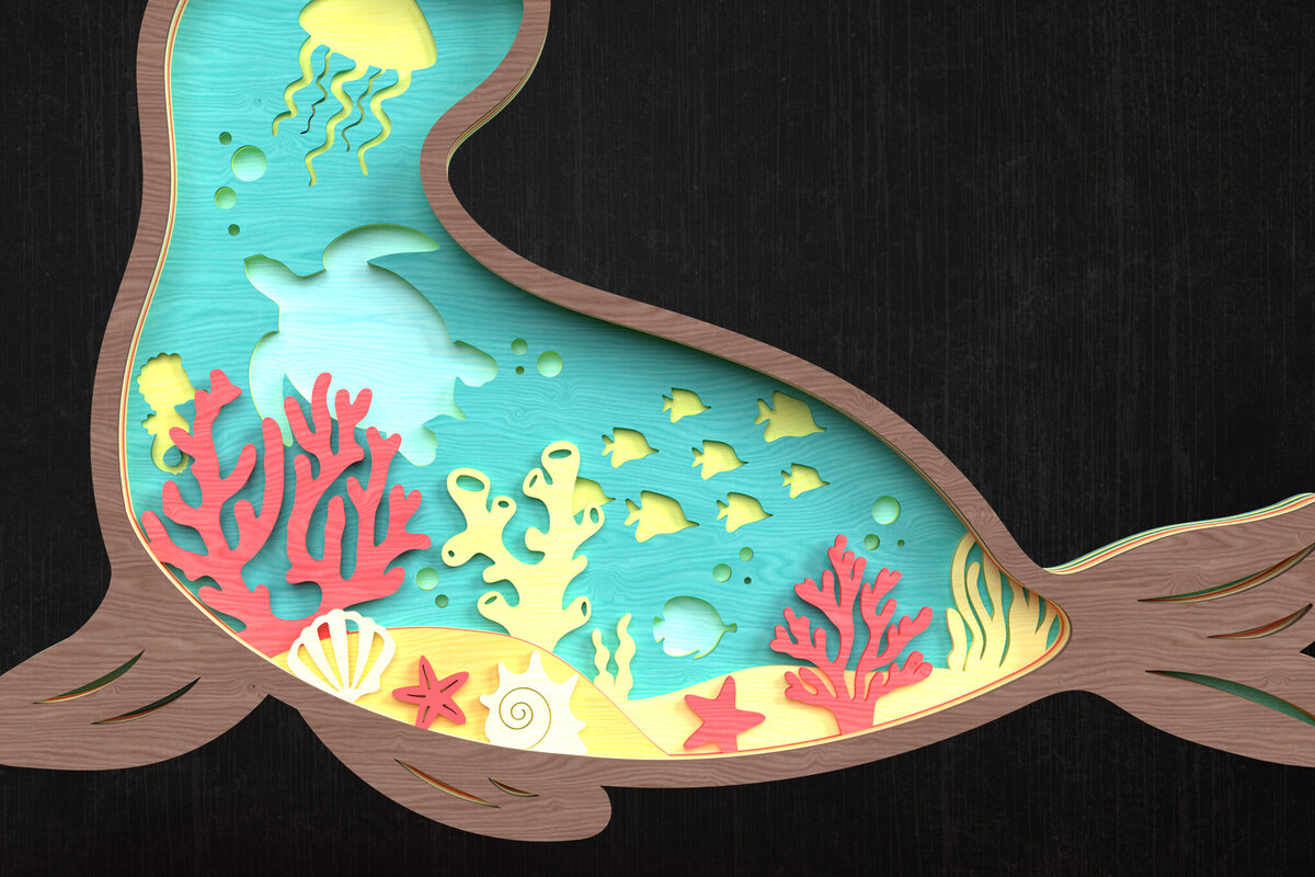 Σετ των 2 Intra απο ξύλο plywood 3mm-4mm πάχος – Seal Ocean Scene 3D Cut Laser Δίασταση  20x20 cm INTRAFABR-119659854