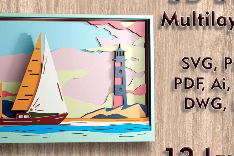 Σετ των 2 Intra απο ξύλο plywood 3mm-4mm πάχος – Αρχεία λέιζερ πολλαπλών επιπέδων Seascape 3D Δίασταση  20x20 cm INTRAFABR-109489552