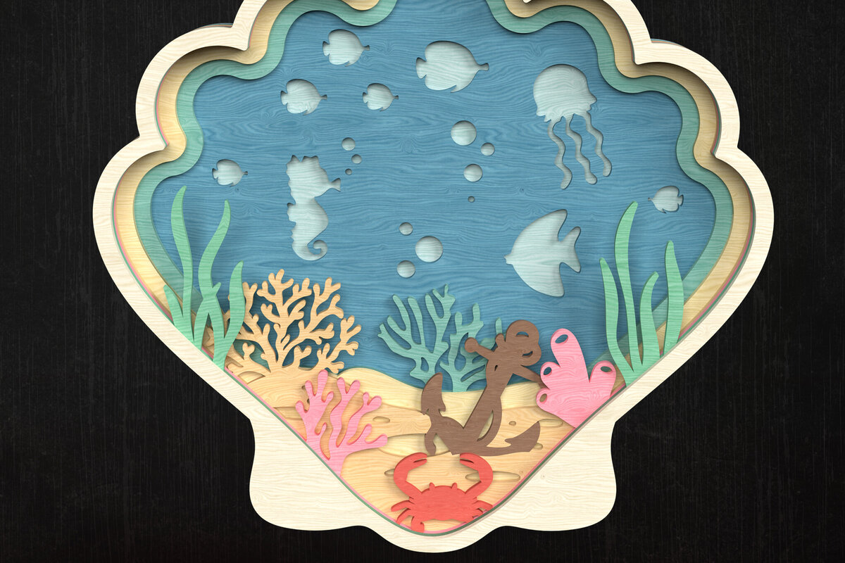 Σετ των 2 Intra απο ξύλο plywood 3mm-4mm πάχος – Seashell Ocean Scene 3D Δίασταση  20x20 cm INTRAFABR-119659791