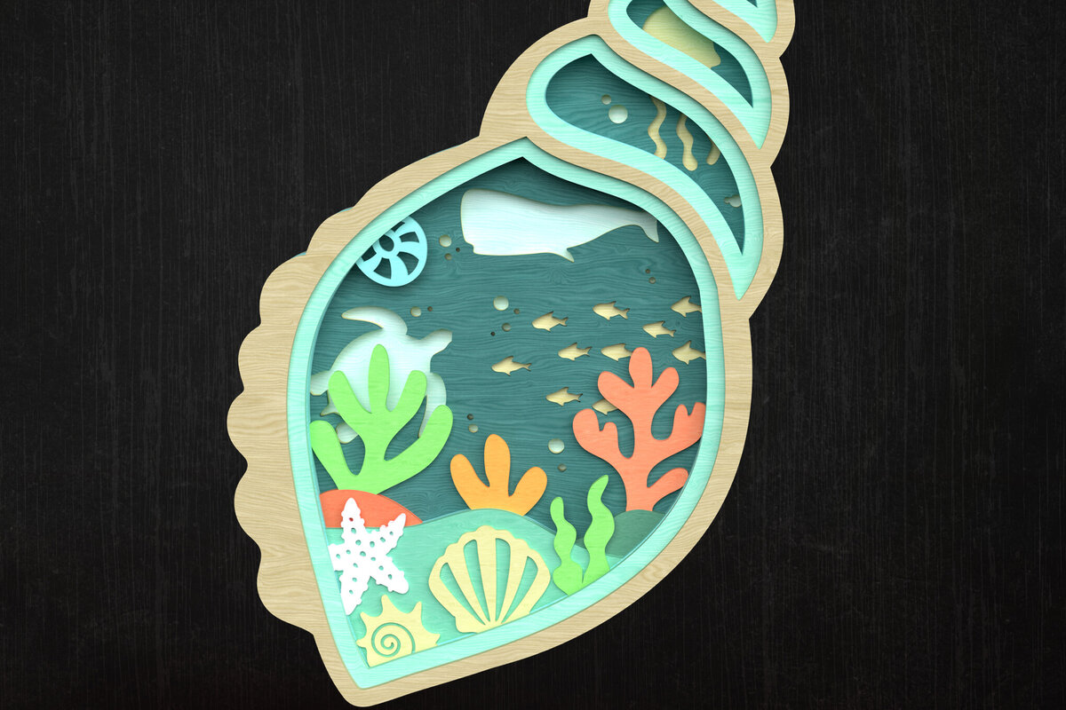 Σετ των 2 Intra απο ξύλο plywood 3mm-4mm πάχος – Seashell Spiral Ocean Scene Δίασταση  20x20 cm INTRAFABR-119659940