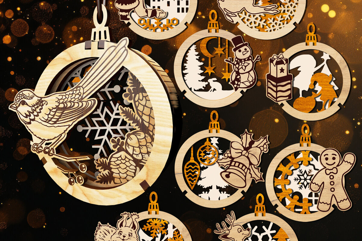 Σετ των 2 Intra απο ξύλο plywood 3mm-4mm πάχος – Σετ με 9 3D χριστουγεννιάτικα στολίδια Δίασταση  20x20 cm INTRAFABR-108661255