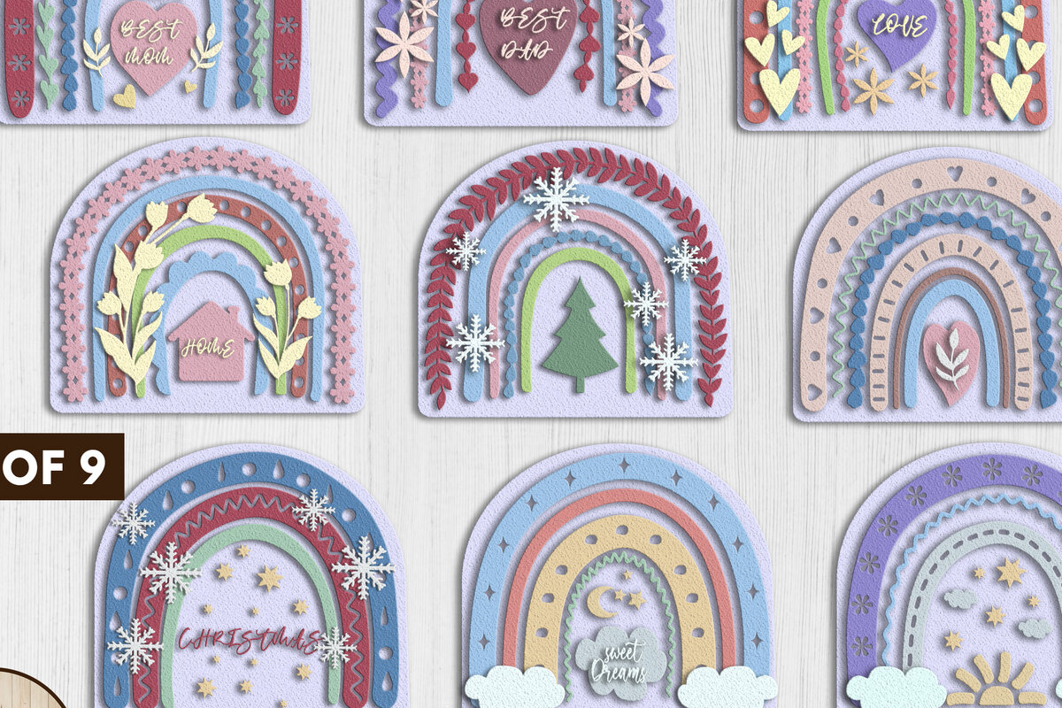 Σετ των 2 Intra απο ξύλο plywood 3mm-4mm πάχος – Σύνολο αρχείων περικοπής πολλαπλών επιπέδων Rainbows Δίασταση  20x20 cm INTRAFABR-18324631