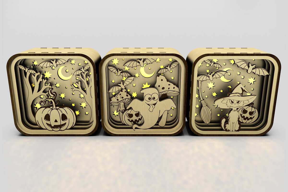 Σετ των 2 Intra απο ξύλο plywood 3mm-4mm πάχος – Shadow Box για Halloween Σετ 3 τεμαχίων Δίασταση  20x20 cm INTRAFABR-106178104