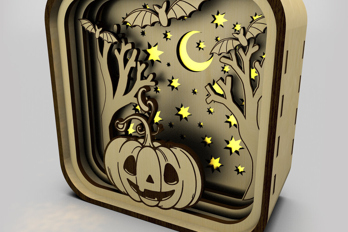 Σετ των 2 Intra απο ξύλο plywood 3mm-4mm πάχος – Κουτί σκιών με κολοκύθα για το Halloween Δίασταση  20x20 cm INTRAFABR-106178087