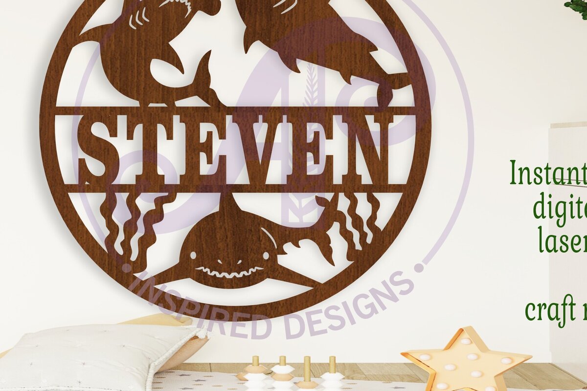 Σετ των 2 Intra απο ξύλο plywood 3mm-4mm πάχος – Σήμα ονόματος με θέμα καρχαρία Laser Δίασταση  20x20 cm INTRAFABR-106094260