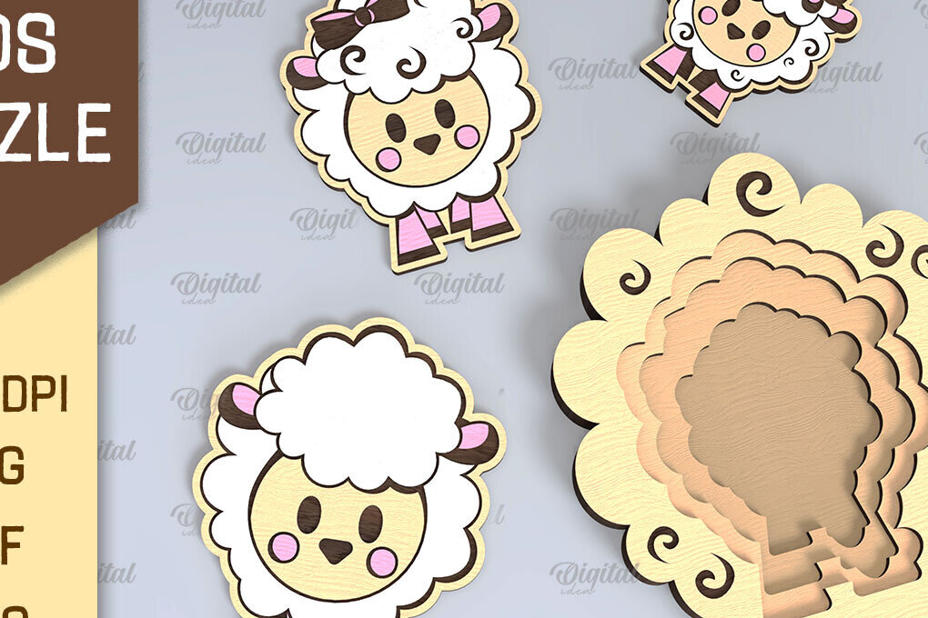 Σετ των 2 Intra απο ξύλο plywood 3mm-4mm πάχος –  κοπής με λέιζερ για οικογένεια παζλ προβάτων Δίασταση  20x20 cm INTRAFABR-108371651