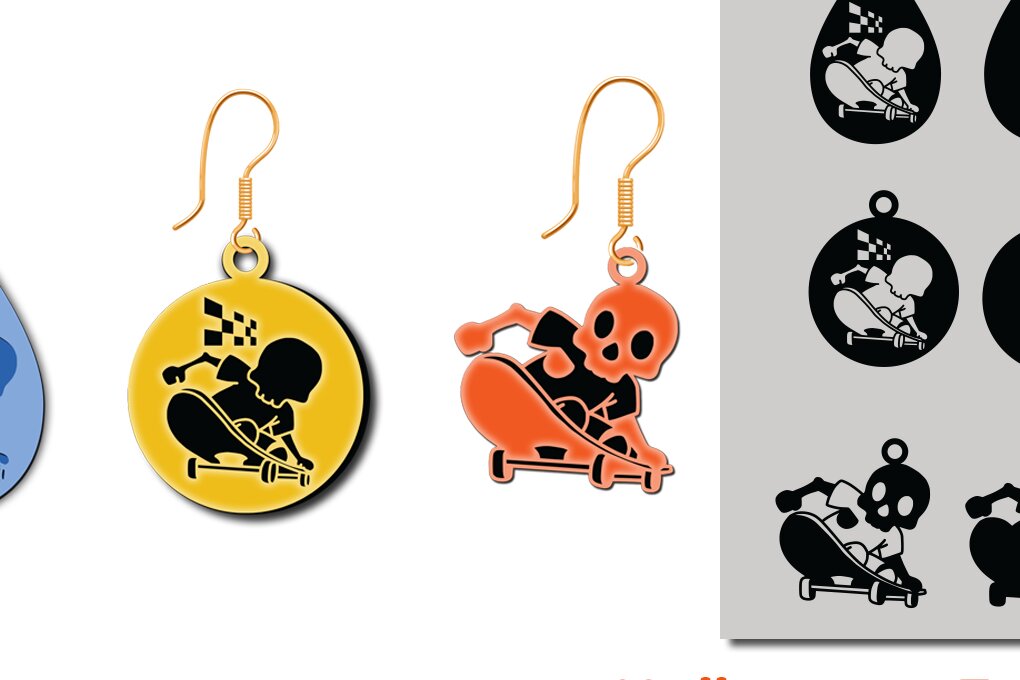 Σετ των 3 Intra απο ξύλο plywood 3mm-4mm πάχος – Skeletons Skateboard Earring Δίασταση  5x5 cm INTRAFABR-80136346