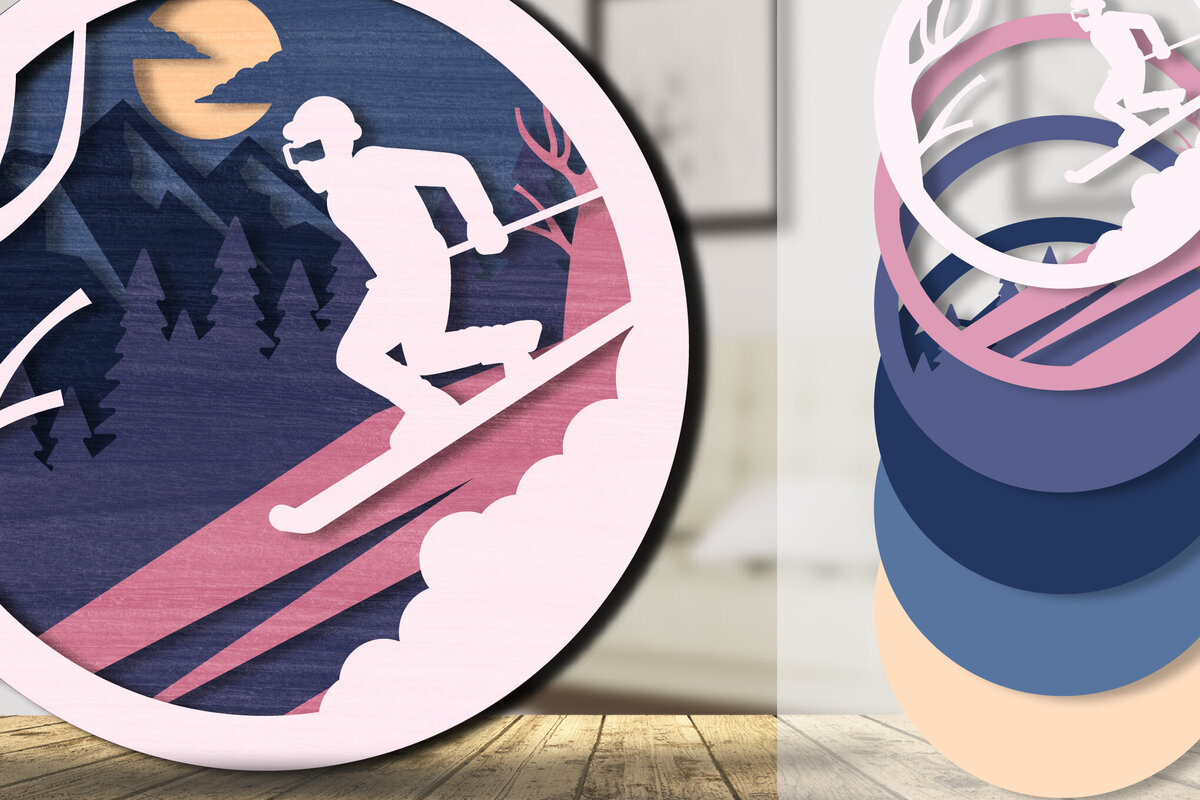 Σετ των 2 Intra απο ξύλο plywood 3mm-4mm πάχος – Ski 3D Layered Lasercut Δίασταση  20x20 cm INTRAFABR-111419384