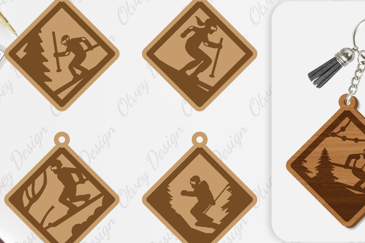 Σετ των 3 Intra απο ξύλο plywood 3mm-4mm πάχος – Ski Scene Keychain Lasercut Δίασταση  5x5 cm INTRAFABR-112080545