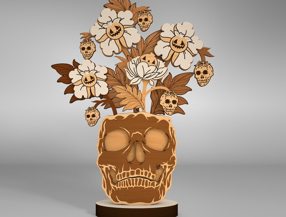 Σετ των 2 Intra απο ξύλο plywood 3mm-4mm πάχος – Skull Flowers Table Δίασταση  20x20 cm INTRAFABR-110249360