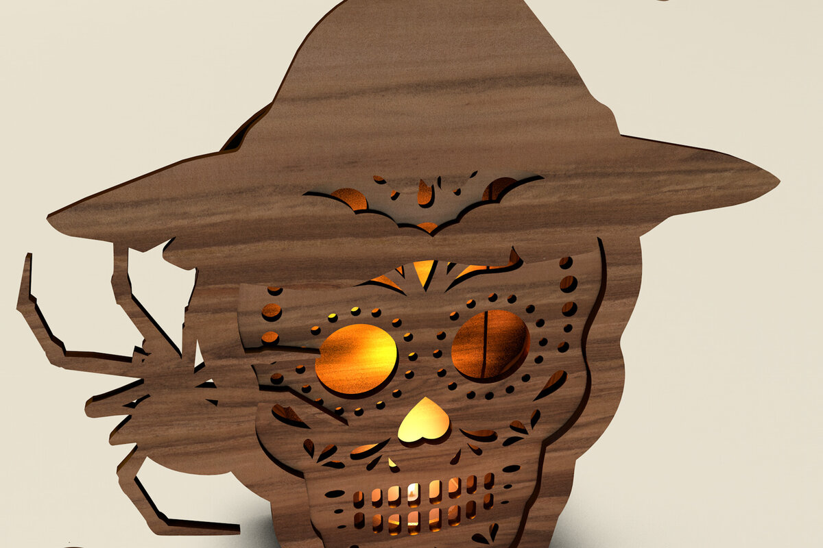 Σετ των 2 Intra απο ξύλο plywood 3mm-4mm πάχος – Φανάρι αποκριών κρανίου με καπέλο μάγισσας Δίασταση  20x20 cm INTRAFABR-107922371