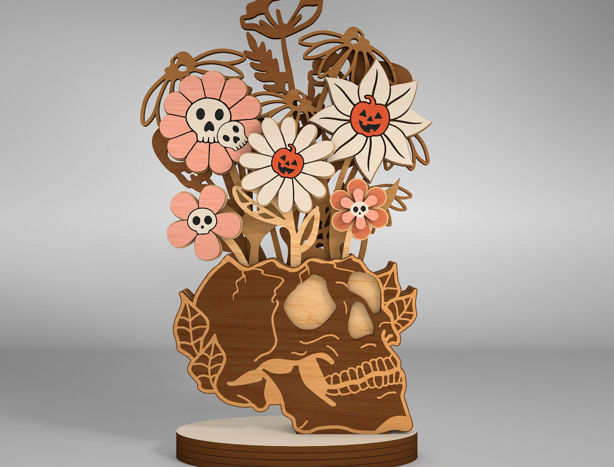 Σετ των 2 Intra απο ξύλο plywood 3mm-4mm πάχος – Skull Vase Flowers Table Δίασταση  20x20 cm INTRAFABR-110253337