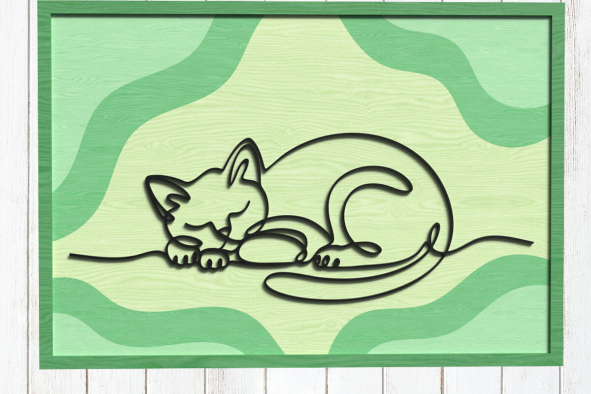 Σετ των 2 Intra απο ξύλο plywood 3mm-4mm πάχος – Sleeping Cat Line Art Δίασταση  20x20 cm INTRAFABR-124745969