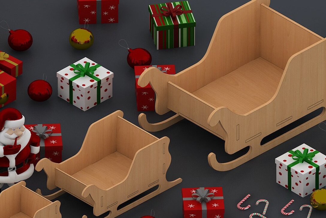 Σετ των 2 Intra απο ξύλο plywood 3mm-4mm πάχος – Sleigh Decoration / Santa Sleigh DXF Δίασταση  20x20 cm INTRAFABR-42957128