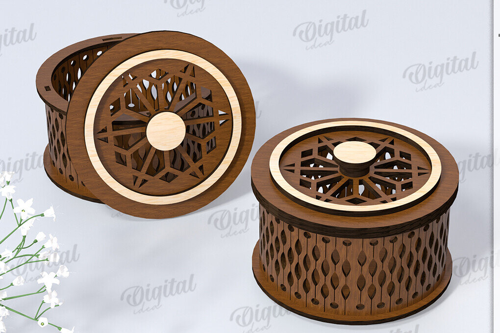 Σετ των 2 Intra απο ξύλο plywood 3mm-4mm πάχος – Μικρό στρογγυλό κουτί μπιχλιμπιδιού Κοπή λέιζερ Δίασταση  20x20 cm INTRAFABR-119075909