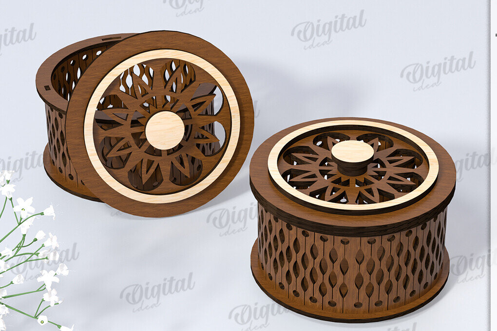 Σετ των 2 Intra απο ξύλο plywood 3mm-4mm πάχος – Μικρό στρογγυλό κουτί μπιχλιμπιδιού Κοπή λέιζερ Δίασταση  20x20 cm INTRAFABR-119076032