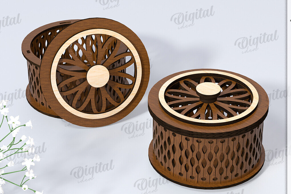 Σετ των 2 Intra απο ξύλο plywood 3mm-4mm πάχος – Μικρό στρογγυλό κουτί μπιχλιμπιδιού Κοπή λέιζερ Δίασταση  20x20 cm INTRAFABR-119075851