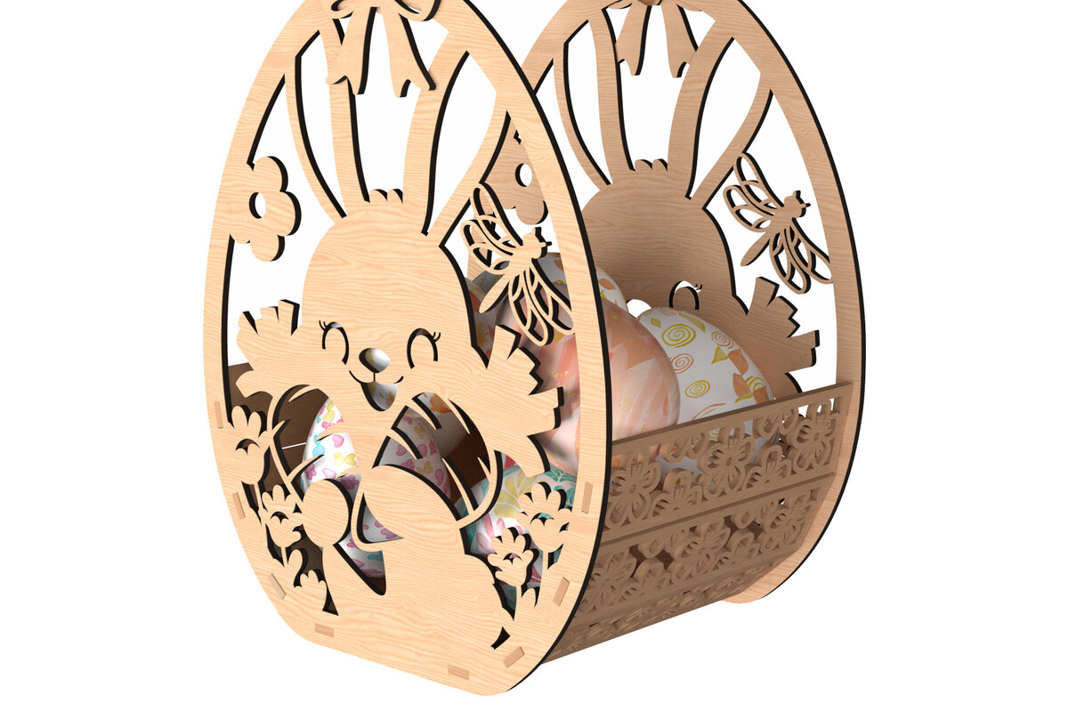 Σετ των 2 Intra απο ξύλο plywood 3mm-4mm πάχος – Πασχαλινό καλάθι με χαμογελαστό λαγουδάκι Δίασταση  20x20 cm INTRAFABR-116206895