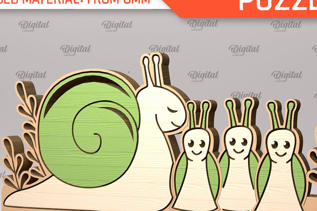Σετ των 2 Intra απο ξύλο plywood 3mm-4mm πάχος – Snail Family Puzzle Δίασταση  20x20 cm INTRAFABR-99619300