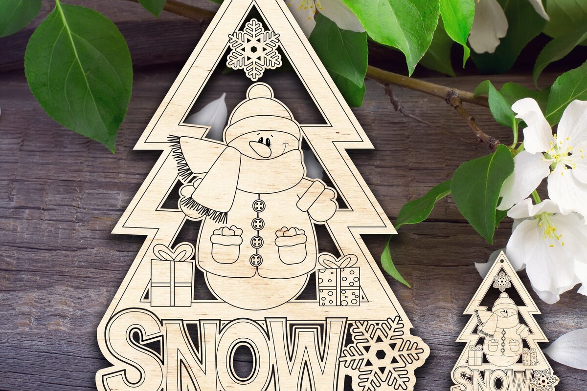 Σετ των 2 Intra απο ξύλο plywood 3mm-4mm πάχος – Χιόνι χριστουγεννιάτικο δέντρο σημάδι και στολίδι Δίασταση  20x20 cm INTRAFABR-32474195
