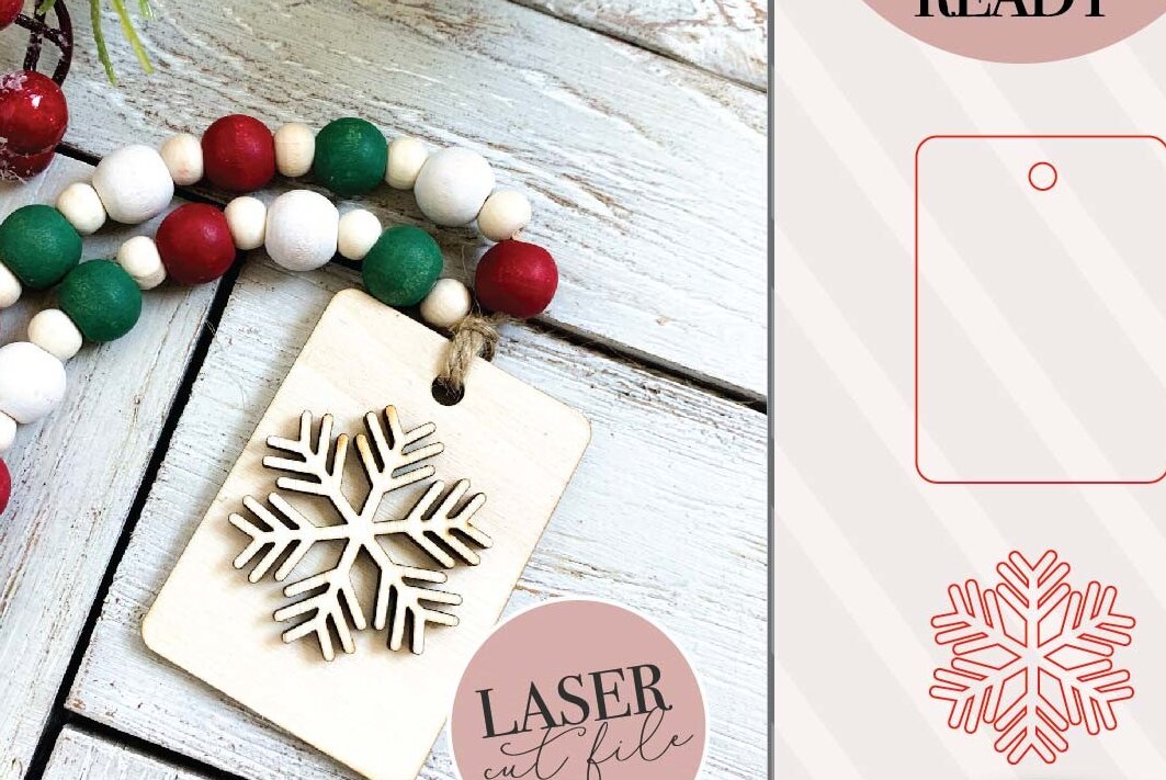 Σετ των 2 Intra απο ξύλο plywood 3mm-4mm πάχος – Αρχείο αποκοπής ετικέτας με νιφάδα χιονιού με χάντρες Δίασταση  20x20 cm INTRAFABR-74518154