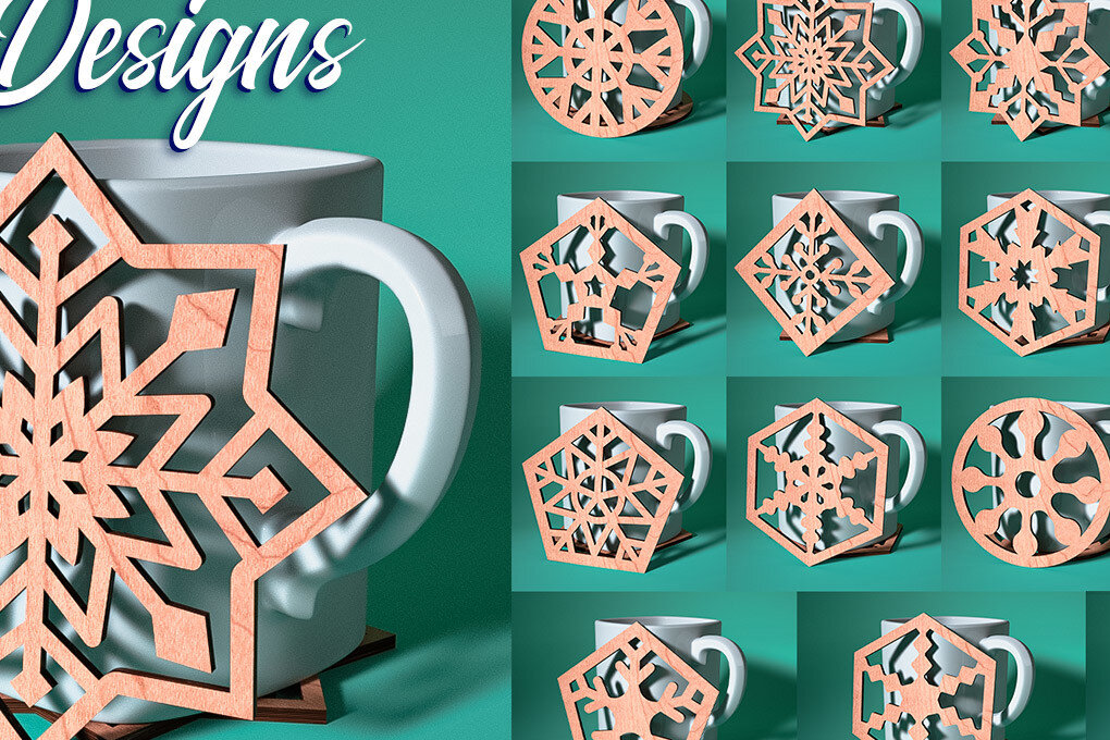 Σετ των 2 Intra απο ξύλο plywood 3mm-4mm πάχος – Σουβέρ με νιφάδα χιονιού με λέιζερ | Χριστούγεννα Δίασταση  20x20 cm INTRAFABR-75100816