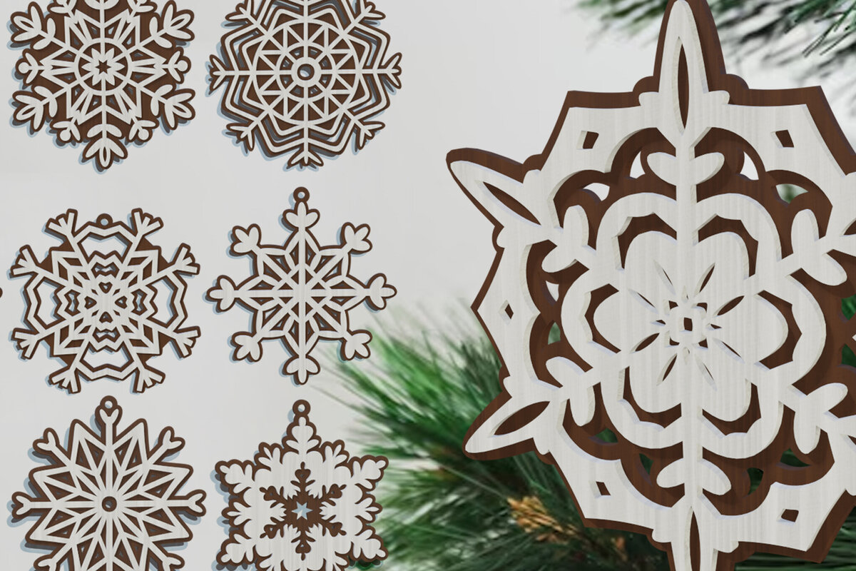 Σετ των 2 Intra απο ξύλο plywood 3mm-4mm πάχος – Πακέτο Snowflake 3D νιφάδα χιονιού Δίασταση  20x20 cm INTRAFABR-81492596