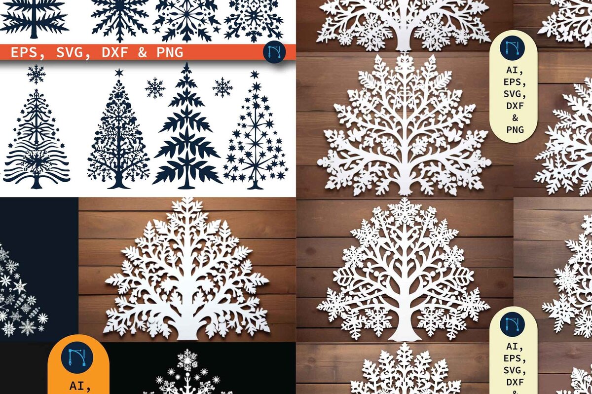 Σετ των 2 Intra απο ξύλο plywood 3mm-4mm πάχος – Πακέτο Snowflakes Christmas Tree Δίασταση  20x20 cm INTRAFABR-79999401
