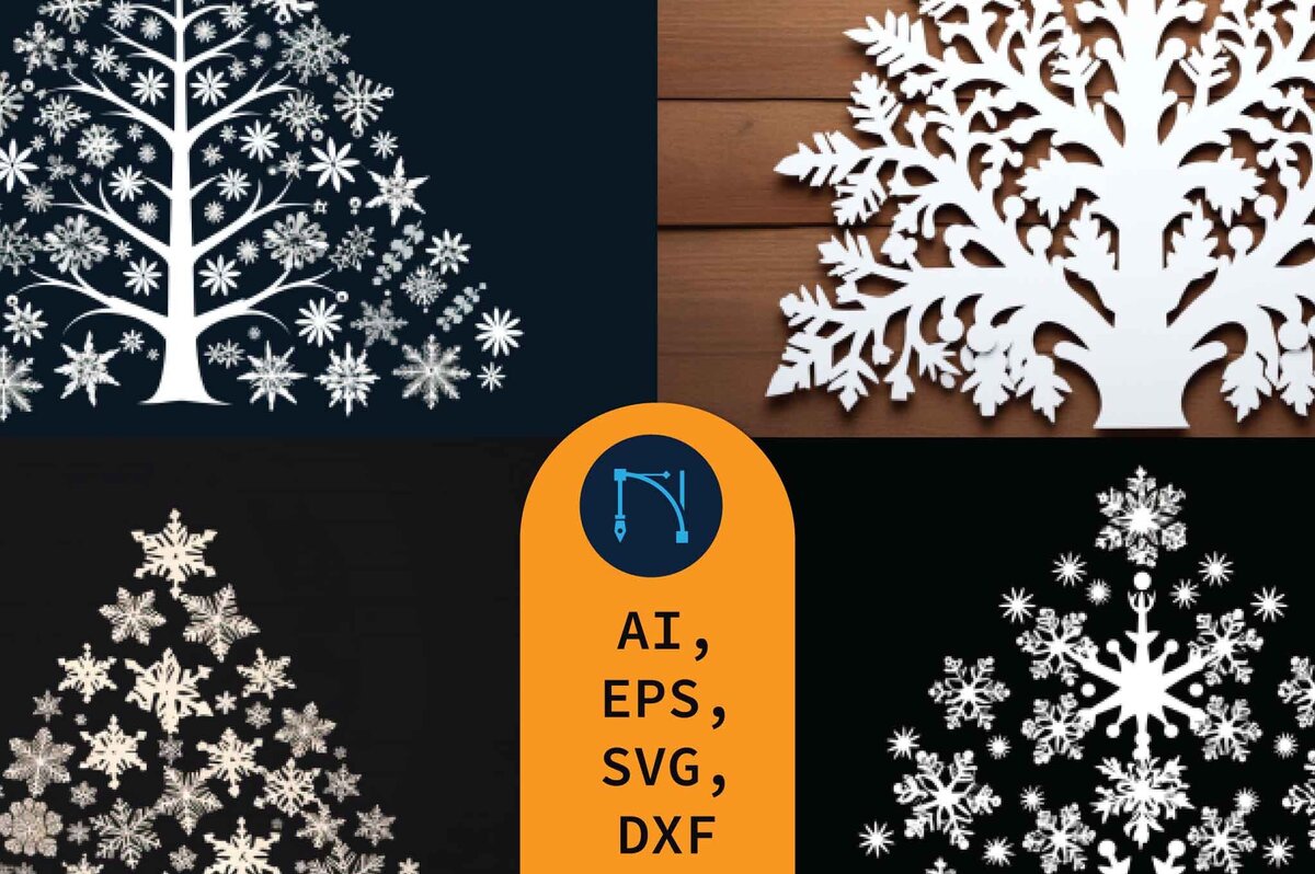 Σετ των 2 Intra απο ξύλο plywood 3mm-4mm πάχος – Πακέτο Snowflakes Christmas Tree Δίασταση  20x20 cm INTRAFABR-79995434