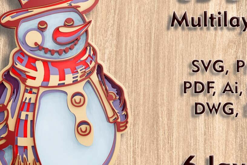 Σετ των 2 Intra απο ξύλο plywood 3mm-4mm πάχος – Αρχείο κοπής λέιζερ πολλαπλών επιπέδων Snowman 3D Δίασταση  20x20 cm INTRAFABR-108890339