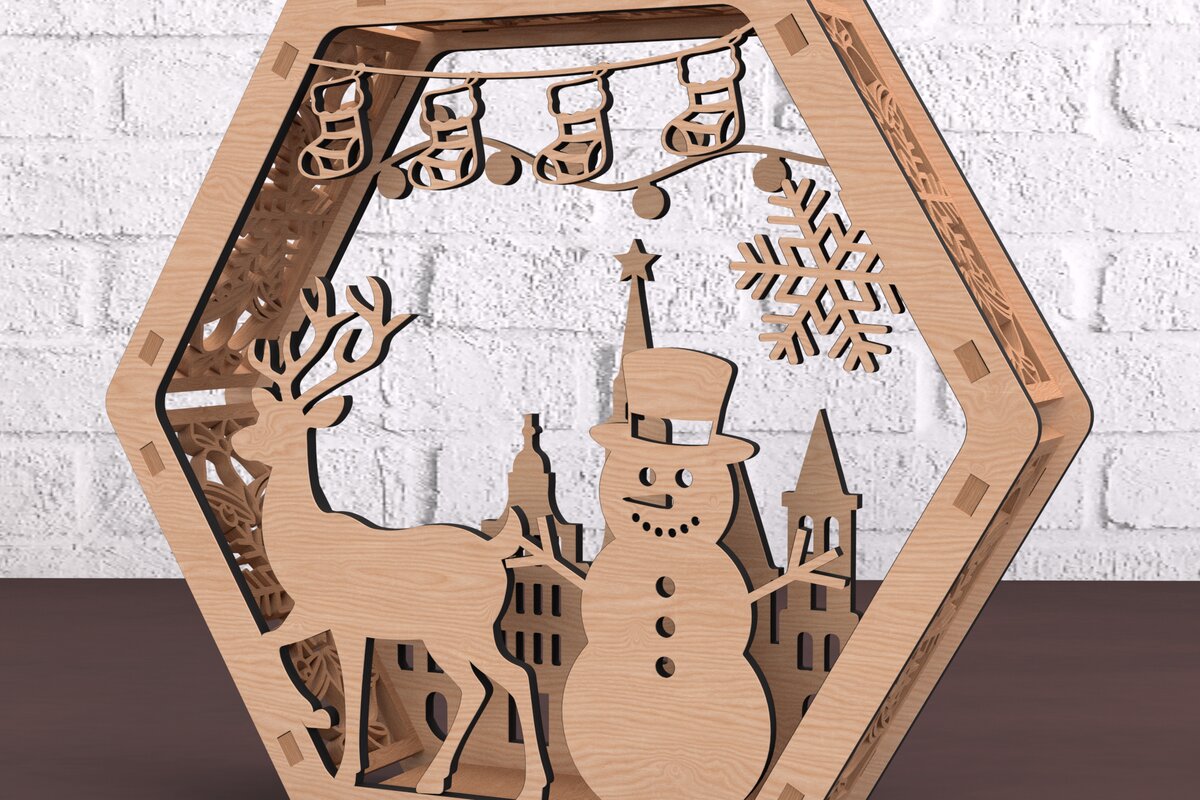 Σετ των 2 Intra απο ξύλο plywood 3mm-4mm πάχος – Εξαγωνική λάμπα χιονάνθρωπος και τάρανδος Δίασταση  20x20 cm INTRAFABR-108492593