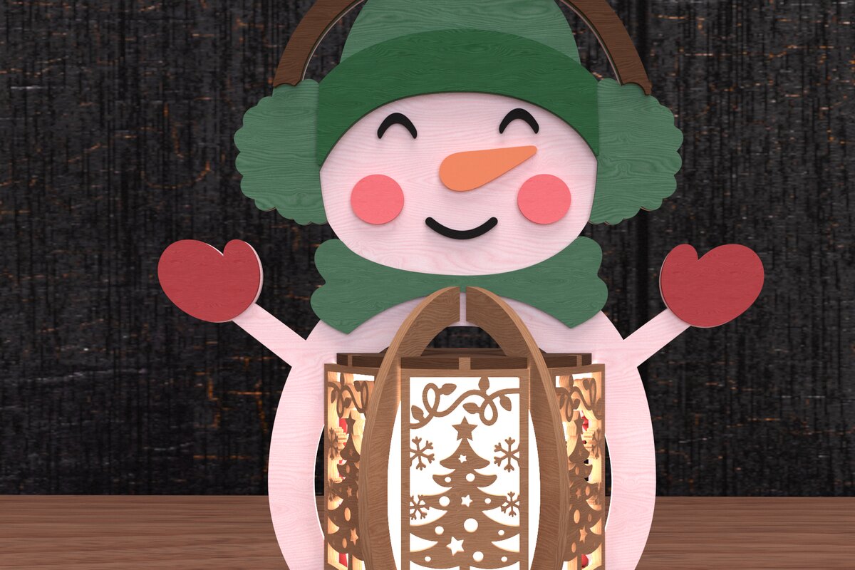 Σετ των 2 Intra απο ξύλο plywood 3mm-4mm πάχος – Χριστουγεννιάτικο φανάρι χιονάνθρωπος με ωτοασπίδες Δίασταση  20x20 cm INTRAFABR-108066339