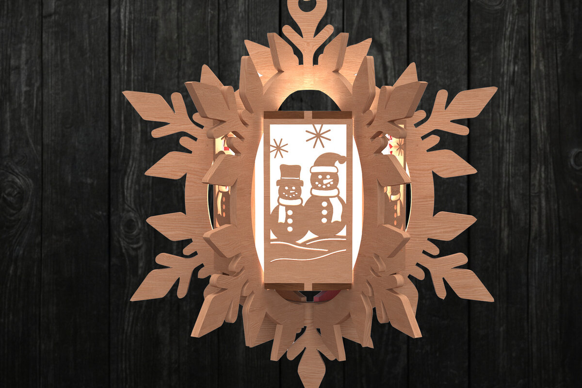 Σετ των 2 Intra απο ξύλο plywood 3mm-4mm πάχος – Στολίδι με φανάρι χιονάνθρωπος Δίασταση  20x20 cm INTRAFABR-111000807