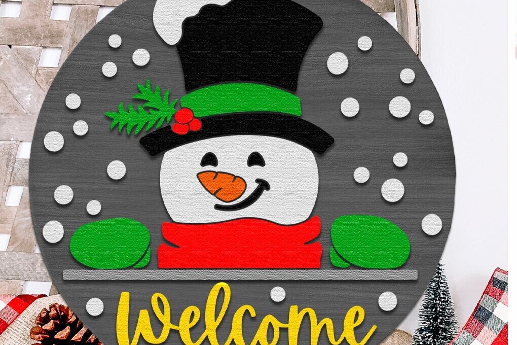 Intra απο ξύλο plywood 3mm-4mm πάχος – Snowman Welcome, Xmas Door Sign DXF Δίασταση  40x30 cm INTRAFABR-112037496