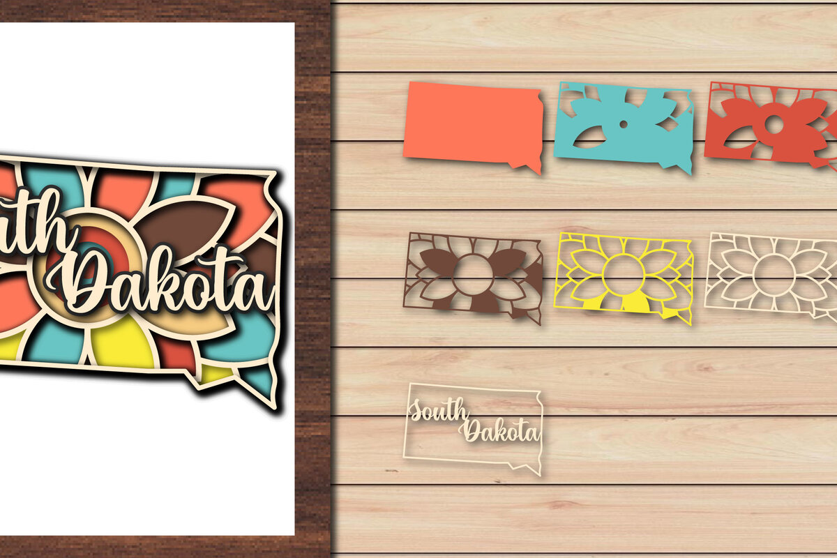 Σετ των 2 Intra απο ξύλο plywood 3mm-4mm πάχος – South Dakota USA State 3d Paper cut Δίασταση  20x20 cm INTRAFABR-64957409