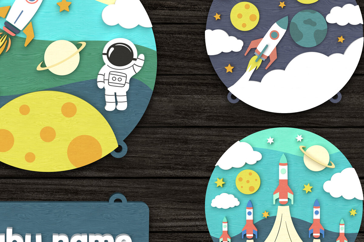 Σετ των 2 Intra απο ξύλο plywood 3mm-4mm πάχος – Πακέτο πινακίδων με θέμα Space Δίασταση  20x20 cm INTRAFABR-113691927