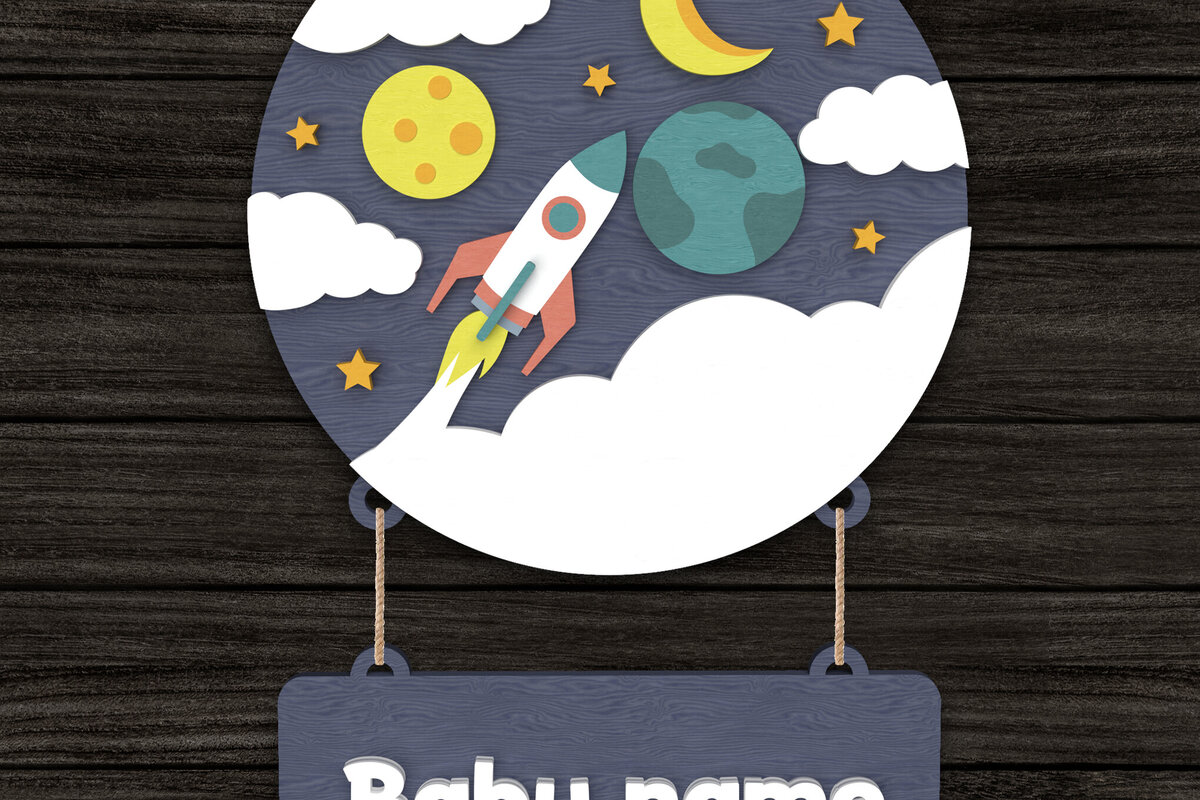 Σετ των 2 Intra απο ξύλο plywood 3mm-4mm πάχος – Θέμα Space Πινακίδα ονόματος μωρού Δίασταση  20x20 cm INTRAFABR-113691849