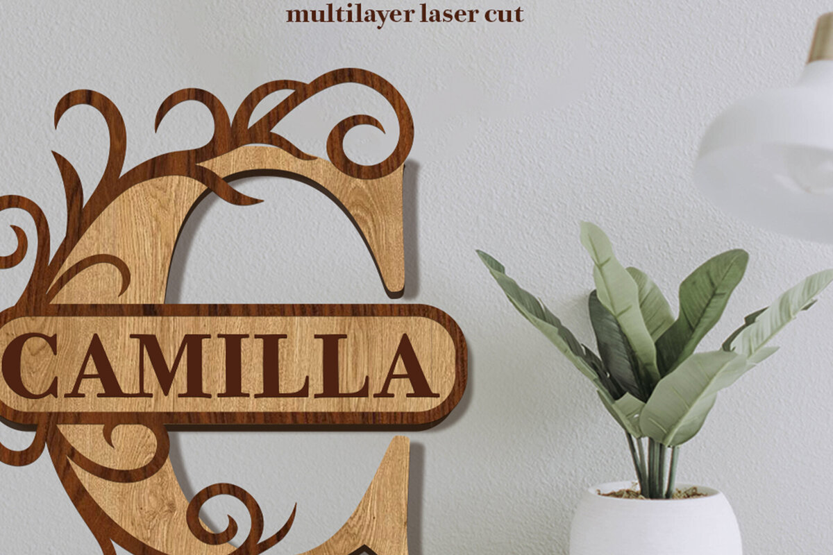 Σετ των 2 Intra απο ξύλο plywood 3mm-4mm πάχος – Split Name C Monogram Δίασταση  20x20 cm INTRAFABR-80063675