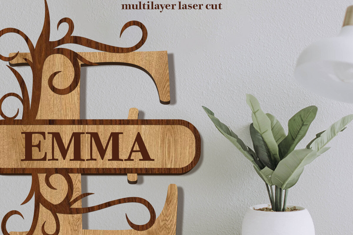 Σετ των 2 Intra απο ξύλο plywood 3mm-4mm πάχος – Split Name E Monogram Δίασταση  20x20 cm INTRAFABR-80063664