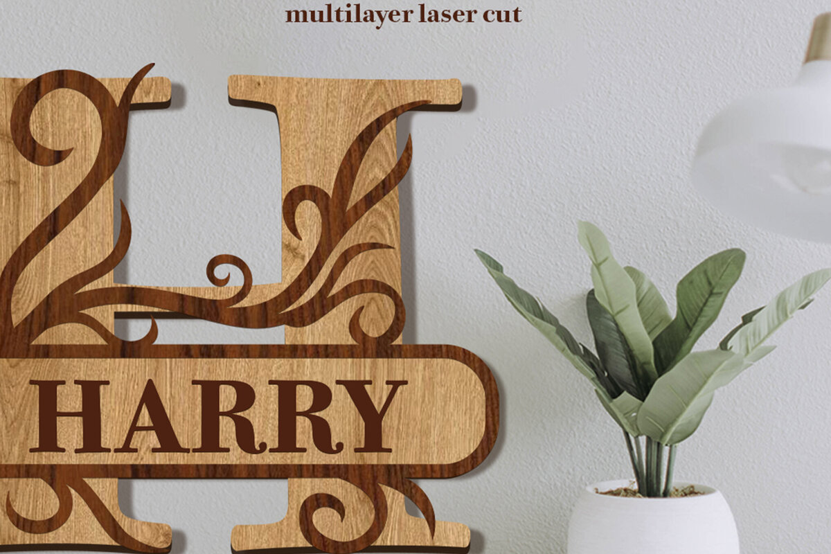 Σετ των 2 Intra απο ξύλο plywood 3mm-4mm πάχος – Split Name H Monogram Δίασταση  20x20 cm INTRAFABR-80063648